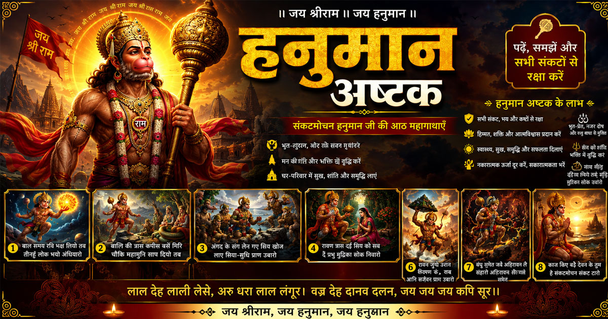 संकटमोचन हनुमान अष्टक का सम्पूर्ण पाठ दर्शाता हुआ भगवान हनुमान का दिव्य और तेजस्वी ब्लॉग पोस्टर